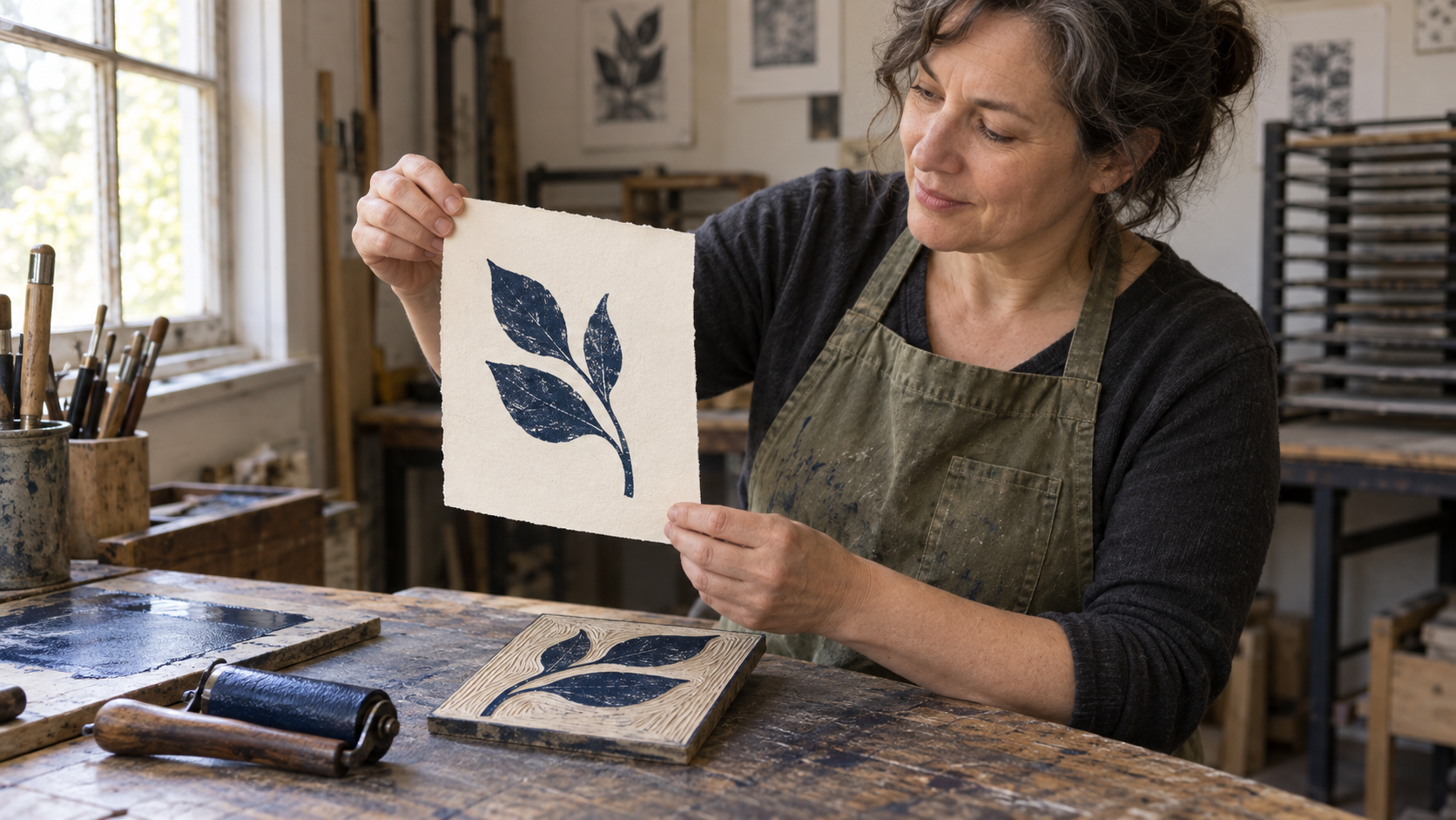 A printmaker compares a blue leaf print with its mirrored design on an inked linocut block