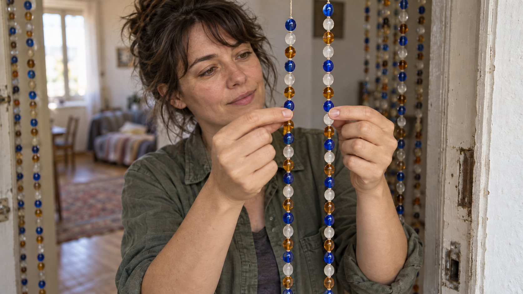 A person compares two beaded curtain strands where an extra white bead shifts a repeating three-color pattern