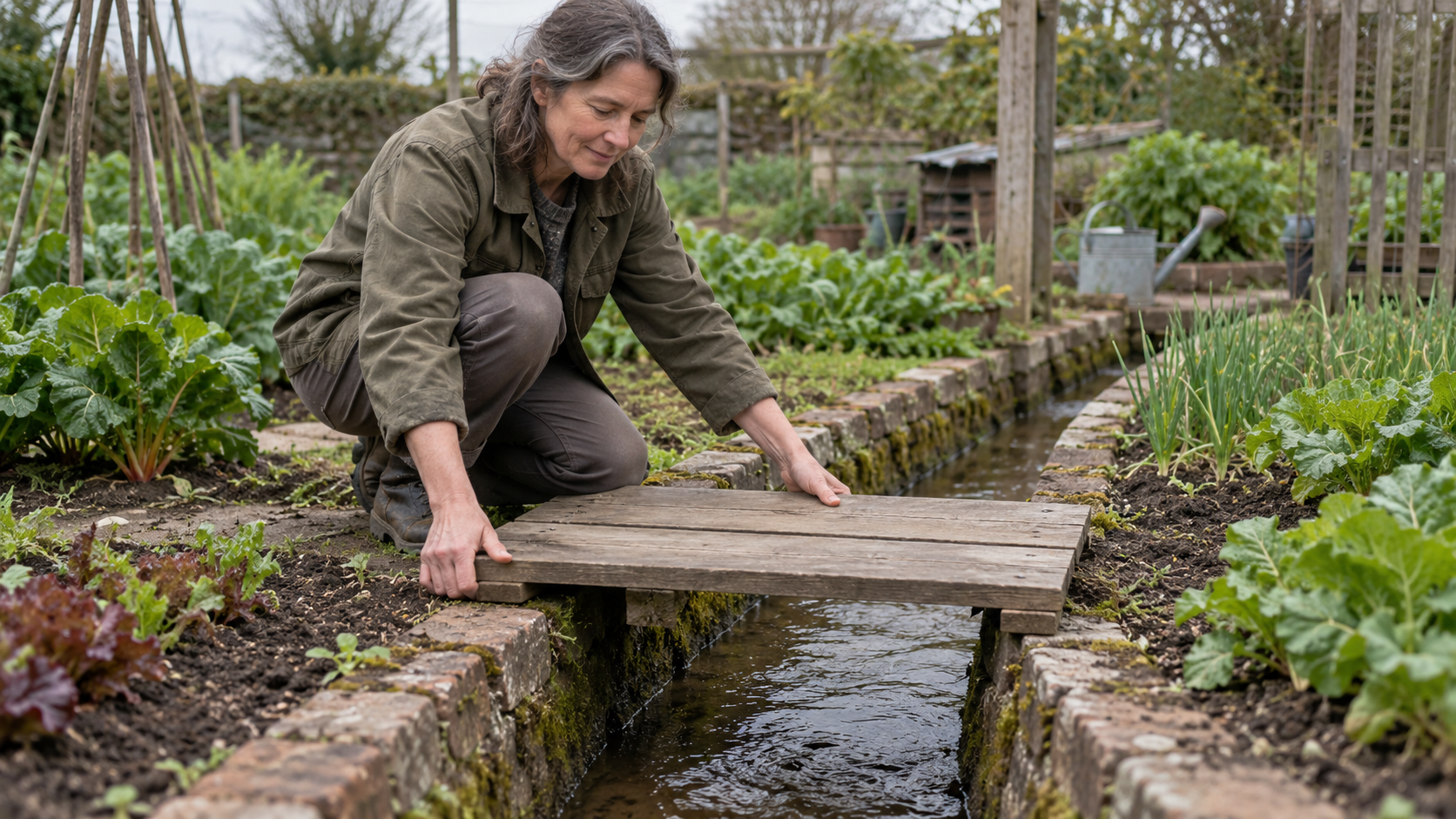 A gardener places a small wooden bridge across an irrigation channel between two brick-edged vegetable beds