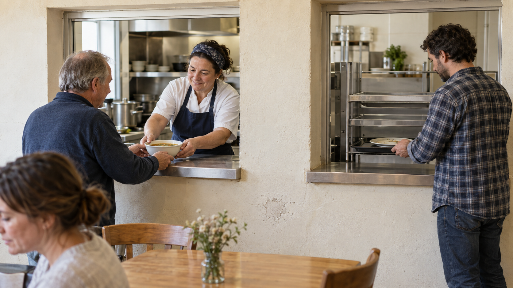 A cook serving soup through one cafeteria hatch while a diner returns a used plate through a separate opening