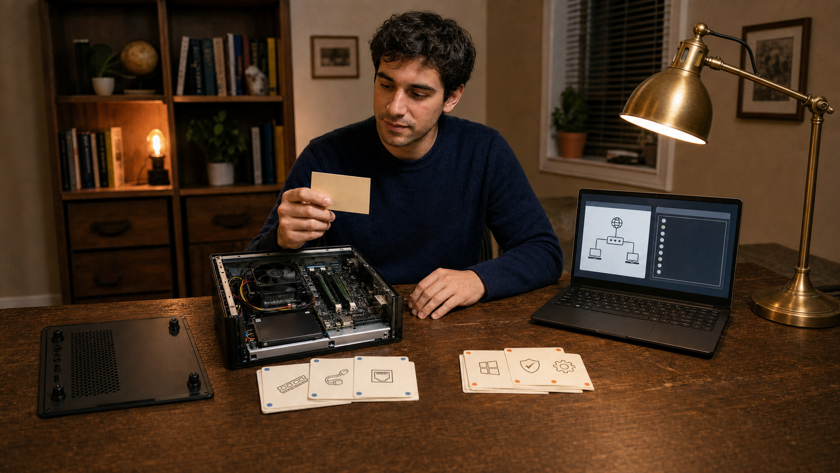 IT support learner sorting CompTIA A+ flashcards for Core 1 hardware and networking and Core 2 operating systems and security