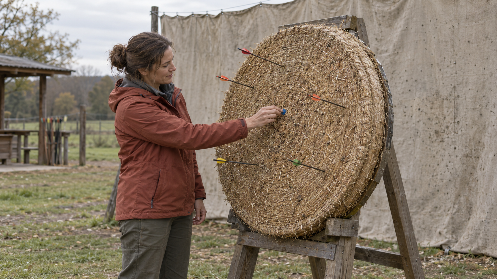 An archery coach marks the center of scattered arrows on a straw target in front of a broad canvas backstop