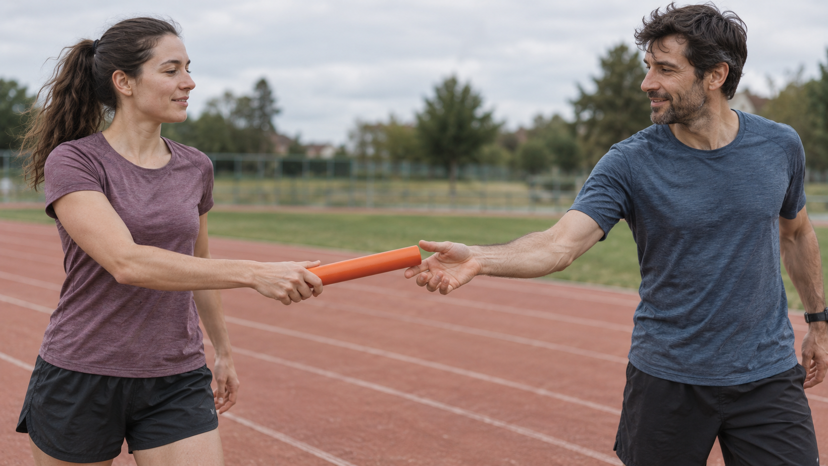 A runner extends a single orange relay baton toward another runner's open hand on a quiet track