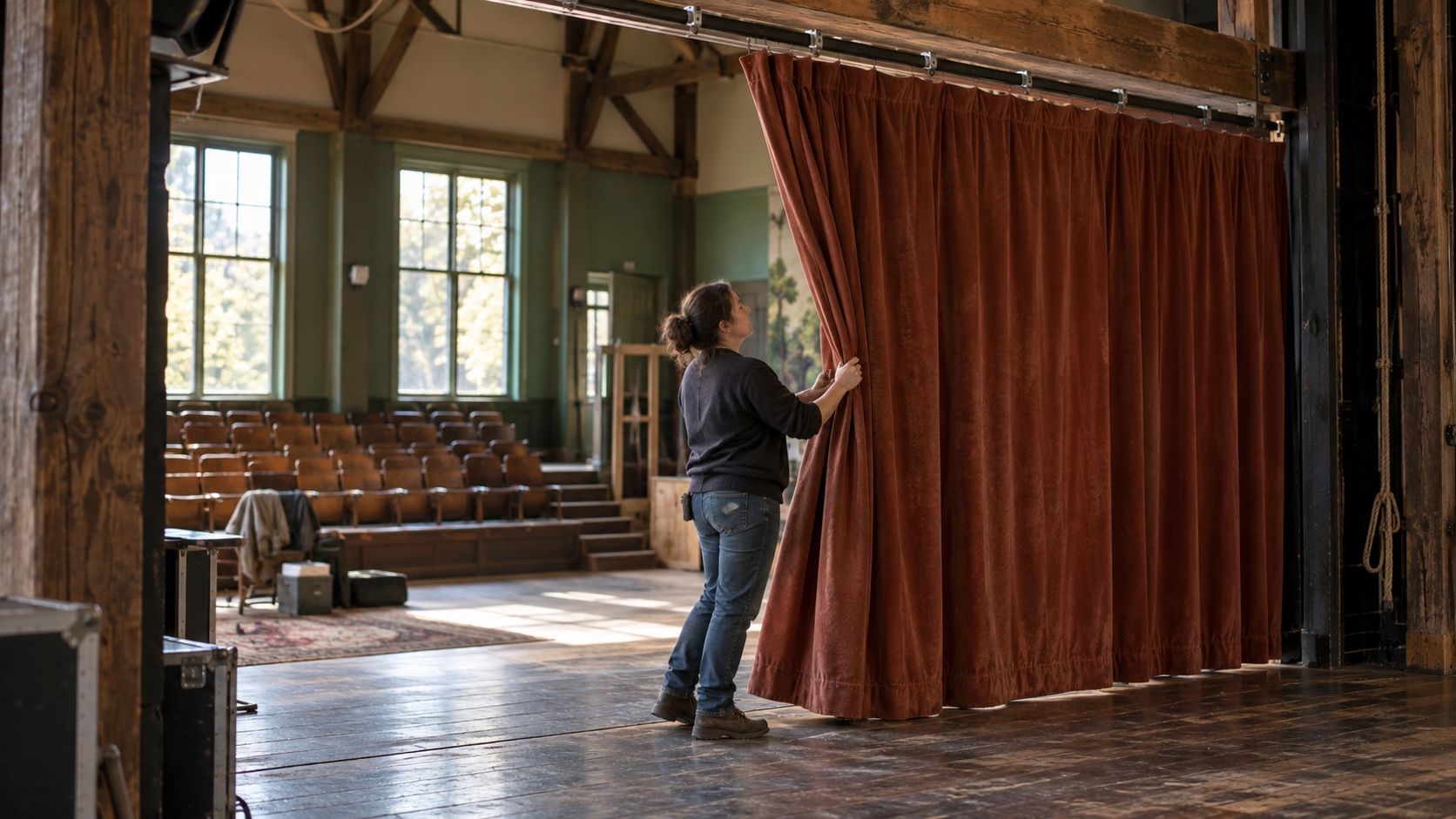 A stagehand draws a terracotta theatre curtain along a metal rail fixed to a wooden beam