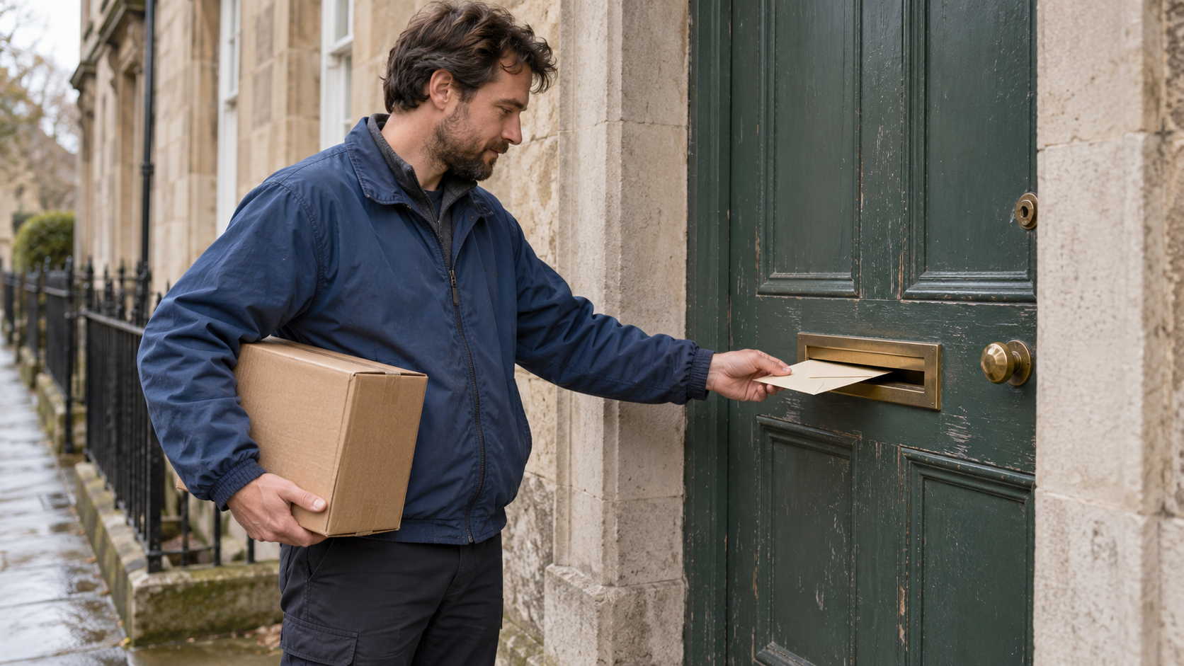 A delivery worker slides an envelope through a narrow letter slot while holding a parcel that cannot fit.