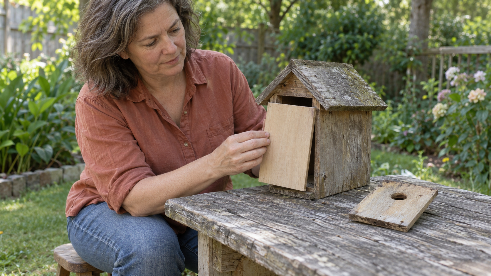 A woman holds a solid replacement front against a wooden birdhouse, with the old entrance-hole panel beside it
