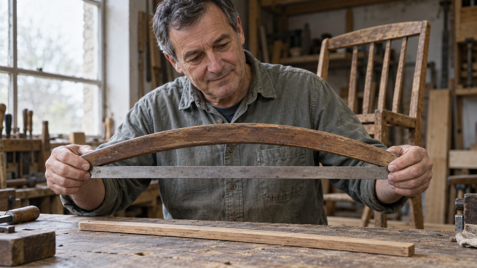 A man checks a bowed wooden chair rail against a metal straightedge, with a straight replacement strip on the bench