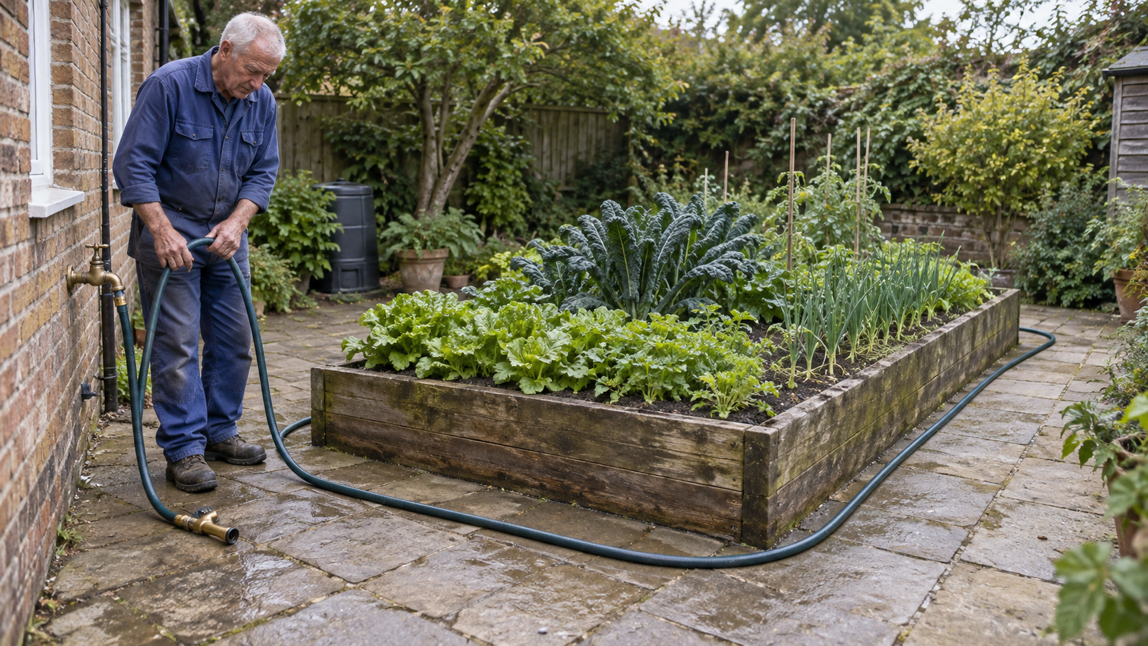 A gardener gathers a hose that runs around a vegetable bed and returns to a nozzle near its tap