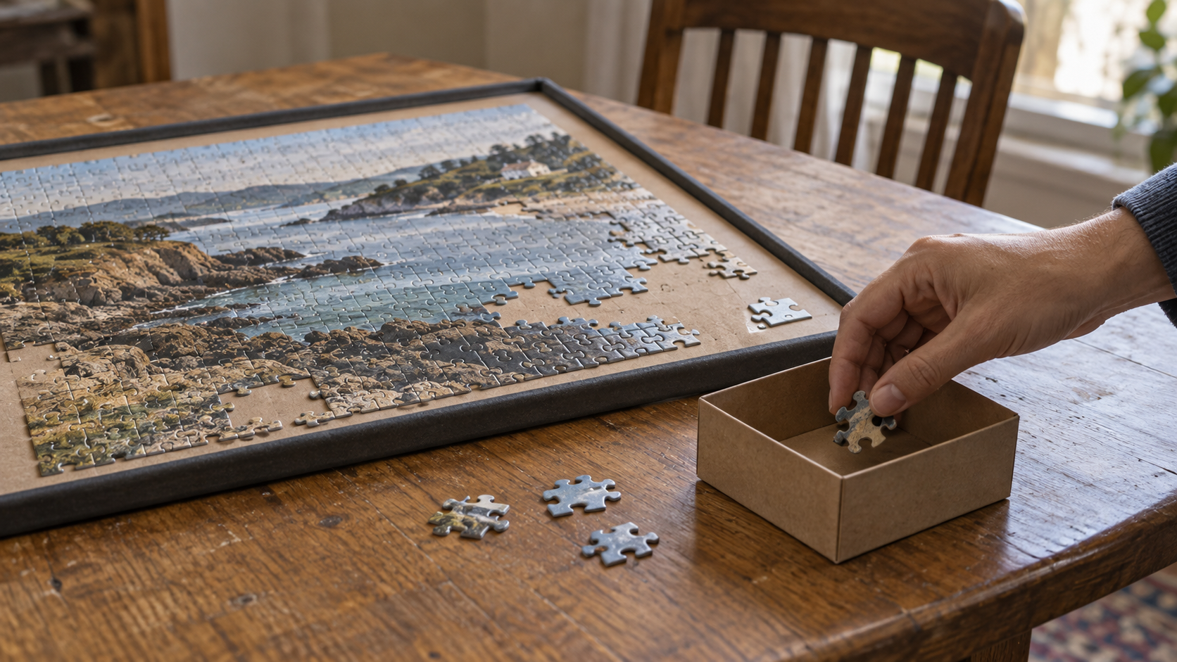 A hand puts loose jigsaw pieces into a small box beside an unfinished puzzle on a portable board