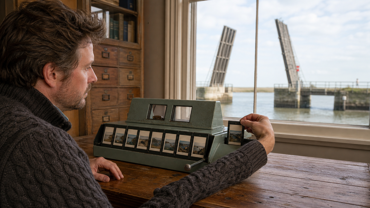 A reader adds one slide tray to a mechanical viewer holding eight others beside a raised drawbridge