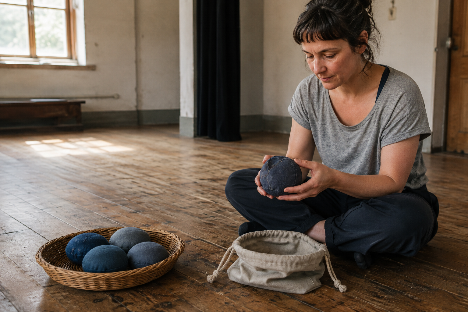 A juggler sets aside one worn beanbag from a set of five for extra practice