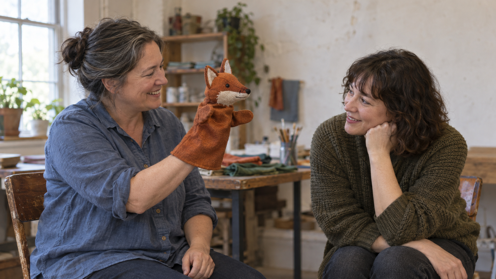 A woman shows a handmade fox hand puppet to a friend who leans forward with an interested smile
