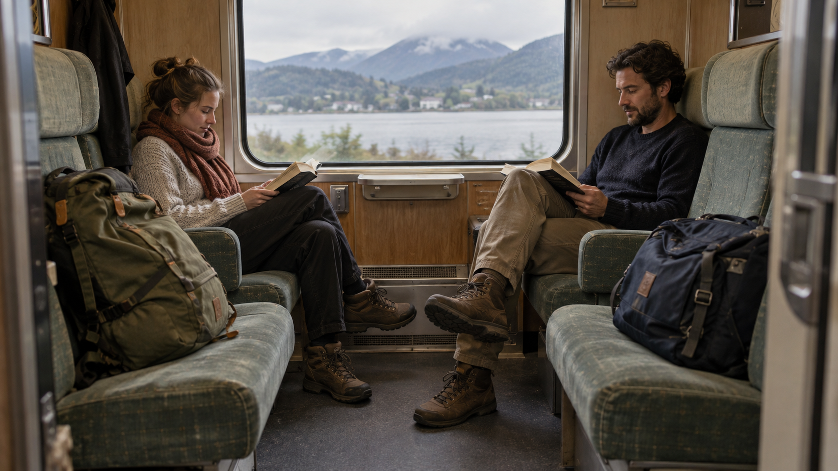 Two travelers and two bags occupy four train seats, illustrating that occupied positions and people are different counts