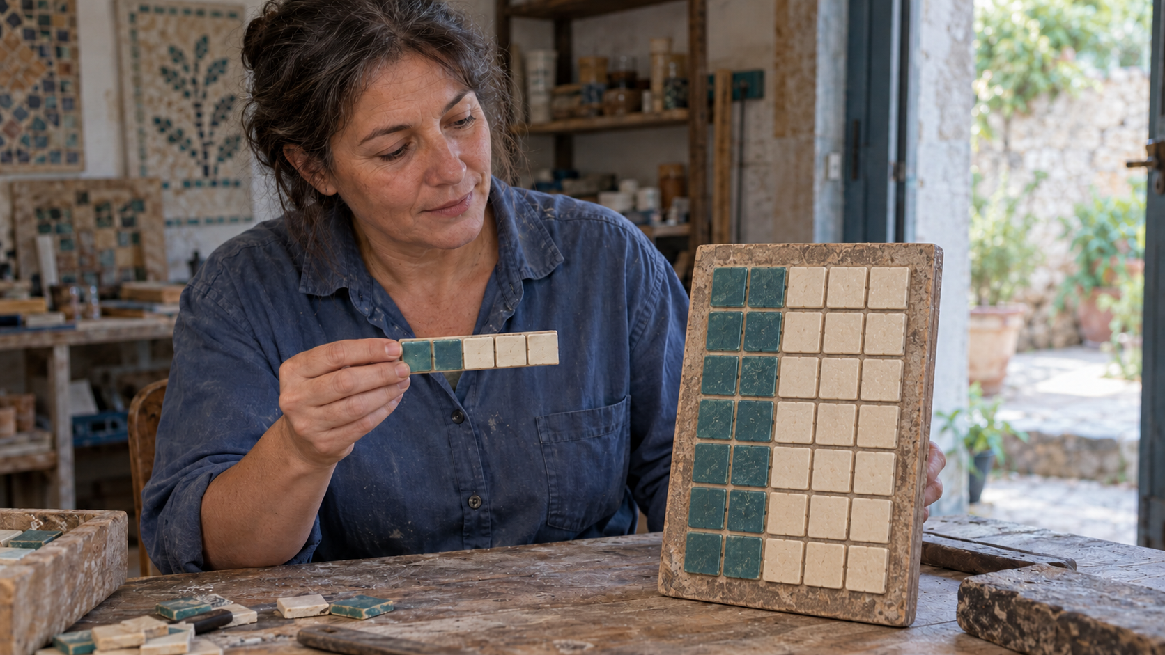 A mosaic maker compares a five-tile teal-and-ivory sample with a larger panel that preserves the same color ratio