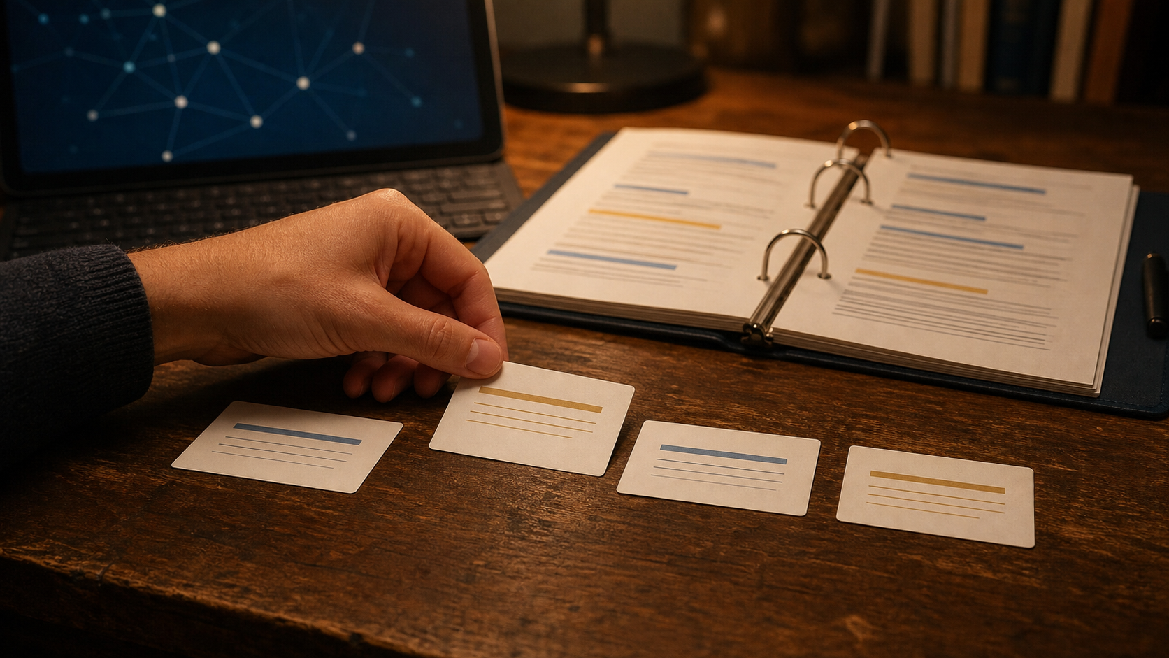 A hand arranges four flashcards beside an open ring binder and a laptop displaying a network diagram.