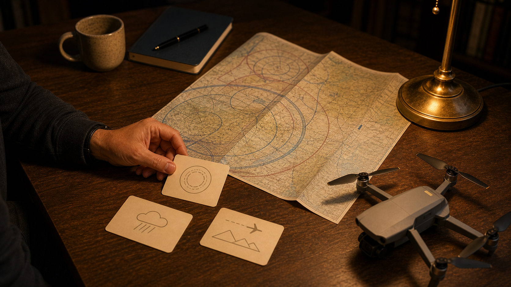 A remote-pilot candidate reviews FAA Part 107 flashcards beside a sectional chart with airspace, weather, and regulation study groups