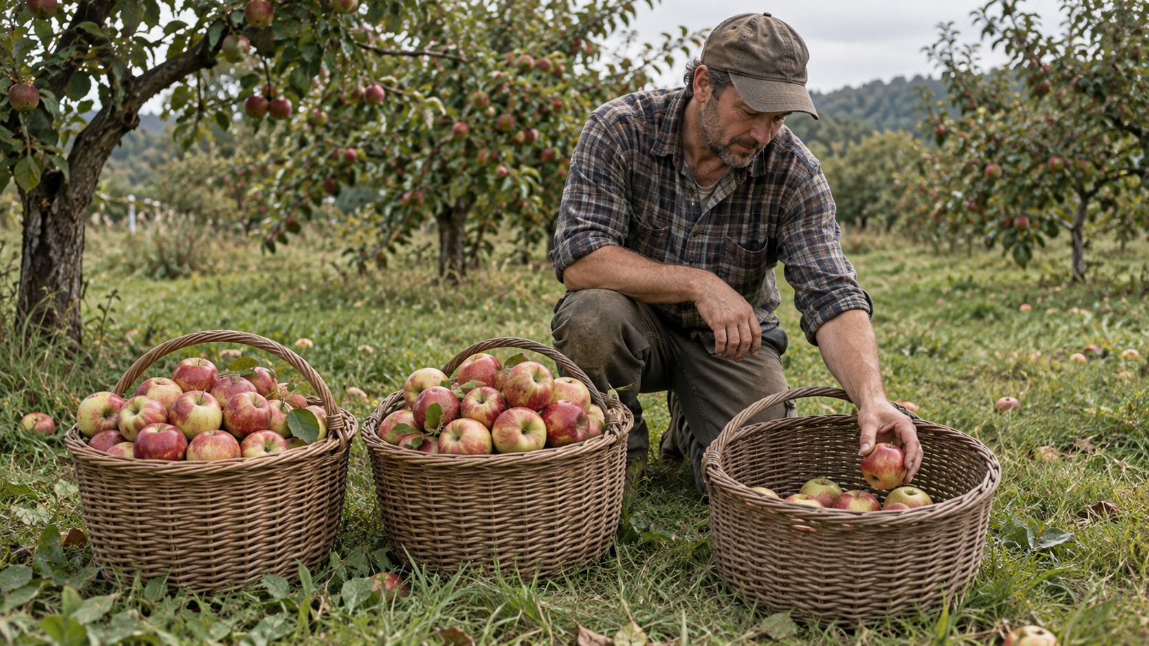 An orchard worker placing an apple into a partly filled basket beside two full baskets.
