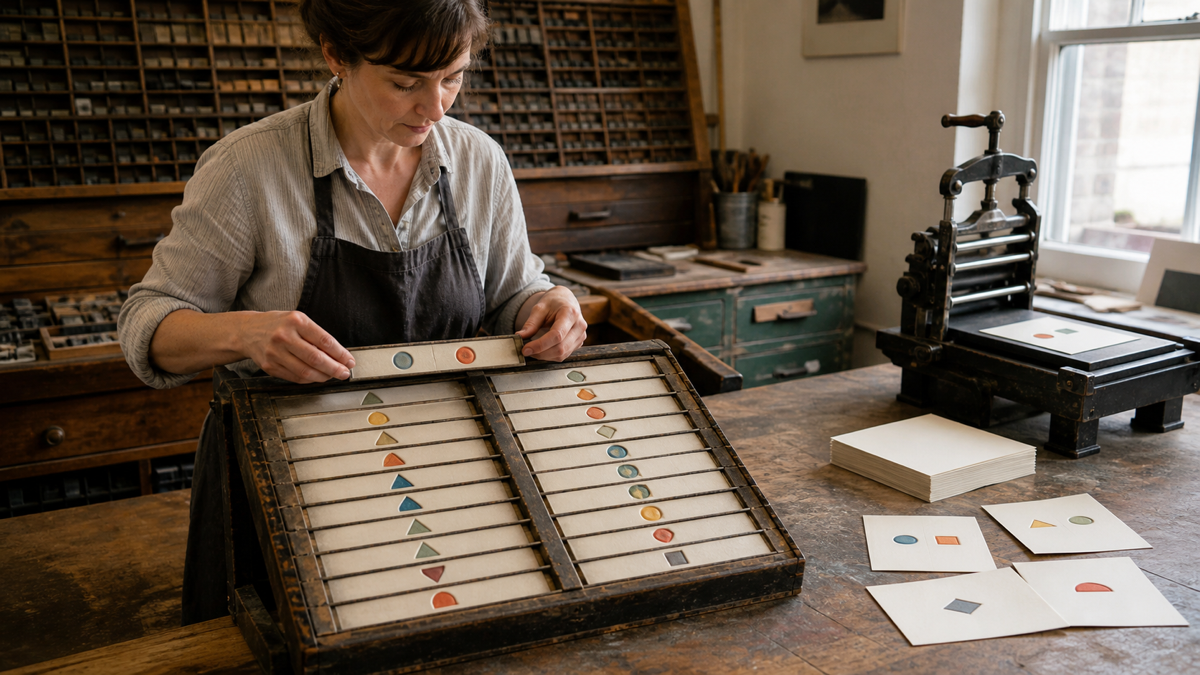 A printmaker lifting one paired row from a two-column master grid beside printed study pieces