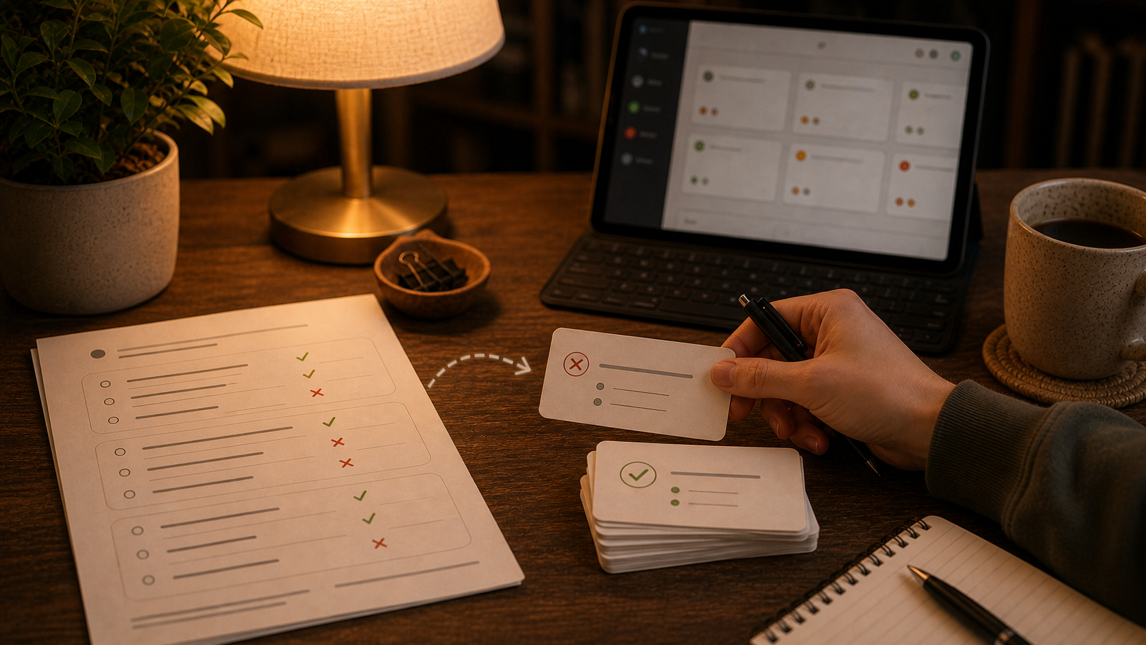 Warm study desk with a practice test sheet, a flashcard stack, a tablet, lamp, and mug