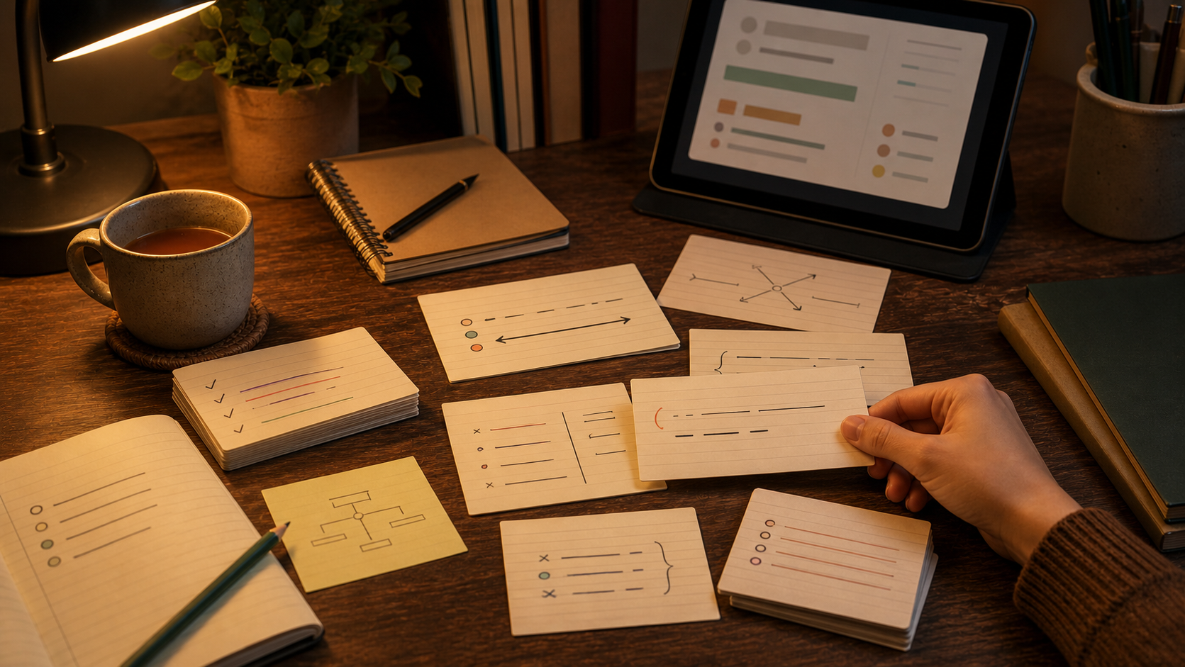 Warm GRE vocabulary flashcards for sentence completion and synonym study on a desk