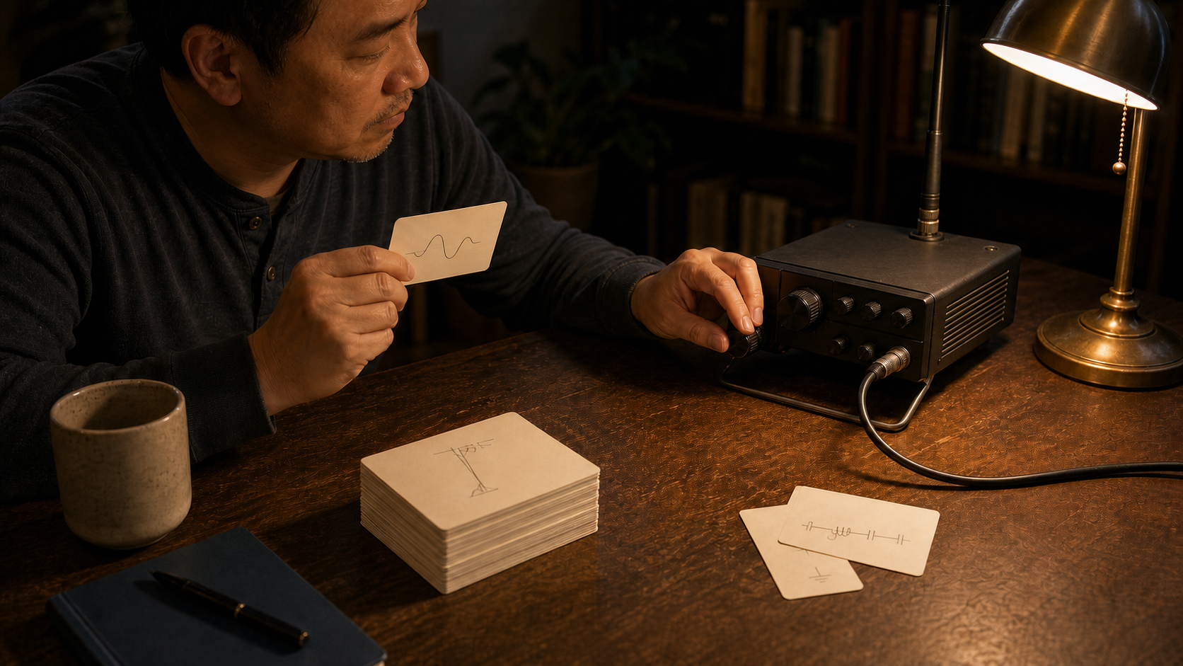 A learner reviews Ham Radio Technician flashcards while adjusting a tabletop amateur radio under a warm desk lamp.