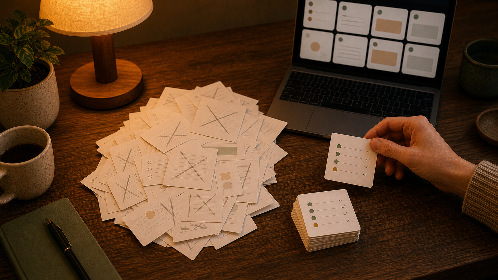 A warm desk scene showing a large rejected pile of AI flashcard drafts and a small keep stack for review