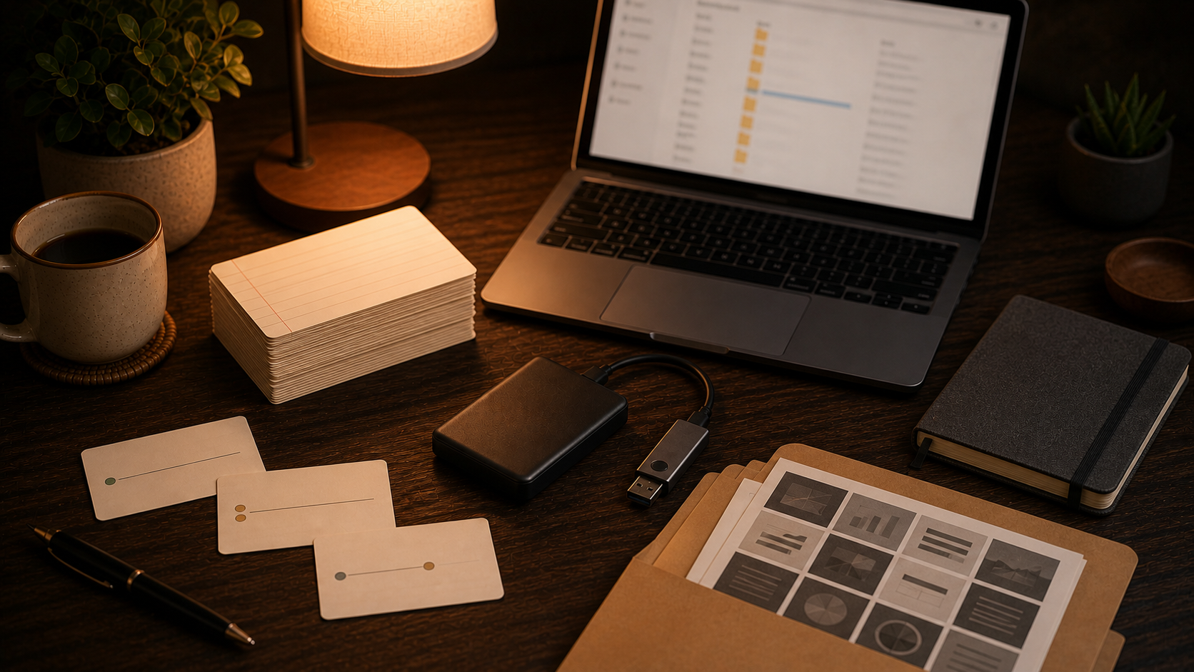 Warm study desk with flashcards backup setup, source notes, media files, and a laptop export screen