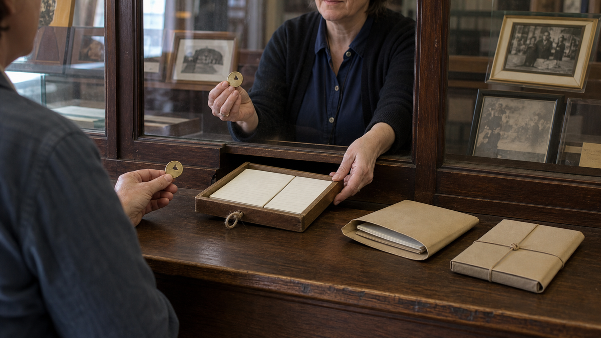 Archive attendant matching ownership tokens before handing over paired text cards, with two document wallets ready and photographs left behind glass