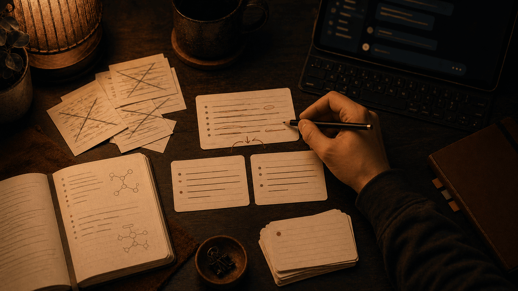 Warm overhead desk with AI draft flashcards being crossed out, split into cleaner cards, and checked against notes