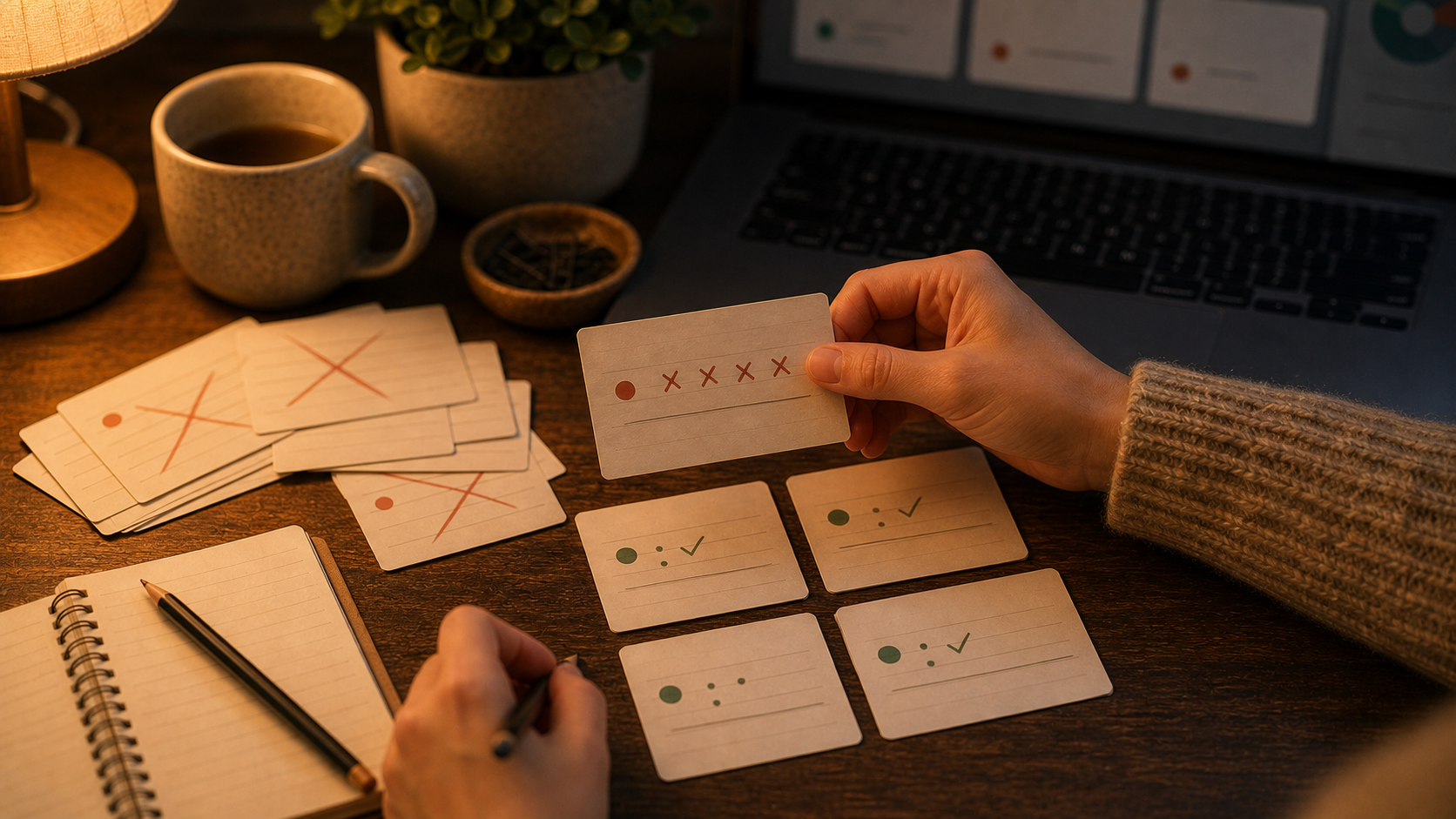 Warm evening desk with a failed flashcard being rewritten into smaller cards