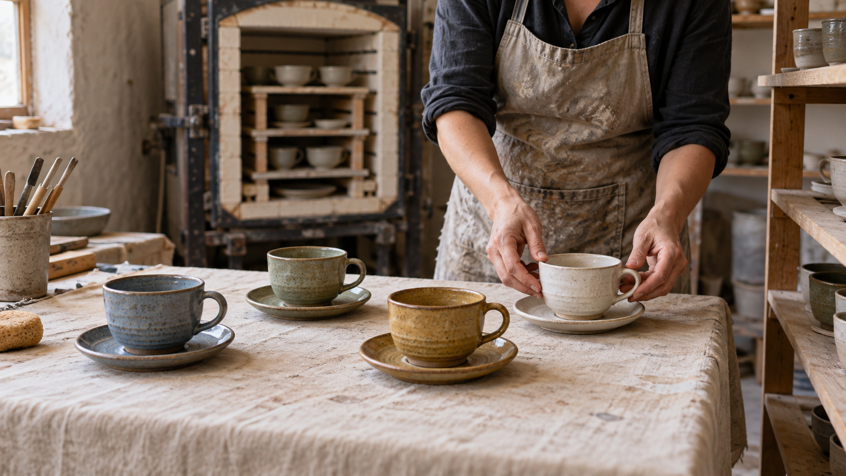 A potter pairs ceramic cups with their matching saucers in separate rows before moving them to a shelf