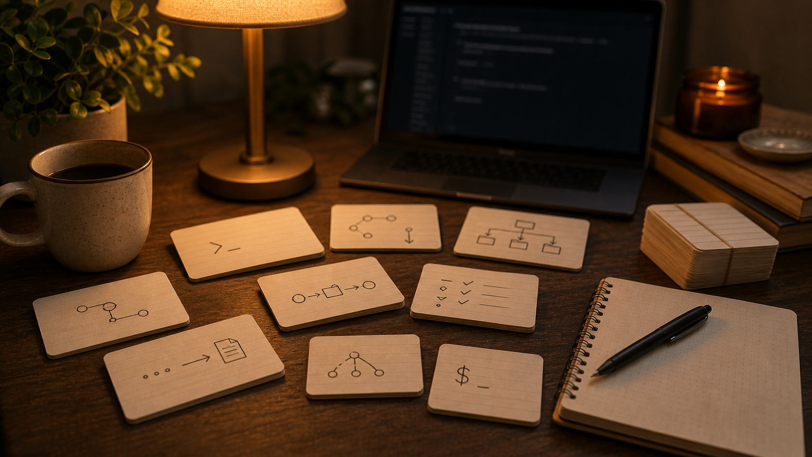 Warm developer desk with terminal command flashcards, notebook, and a softly blurred laptop terminal