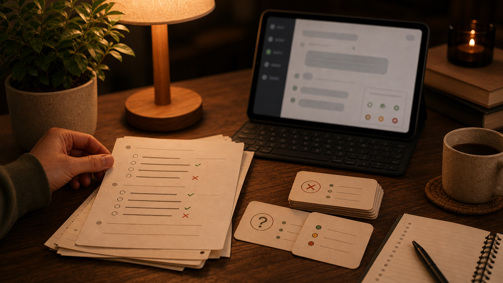 Warm desk with a source-based practice exam, missed answers, and selected flashcards