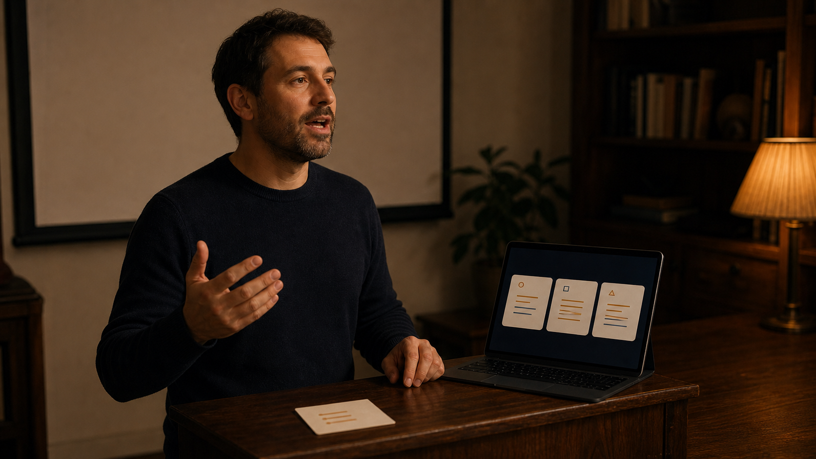 Speaker learning how to memorize a speech by rehearsing section cues from flashcards beside one sparse physical cue card