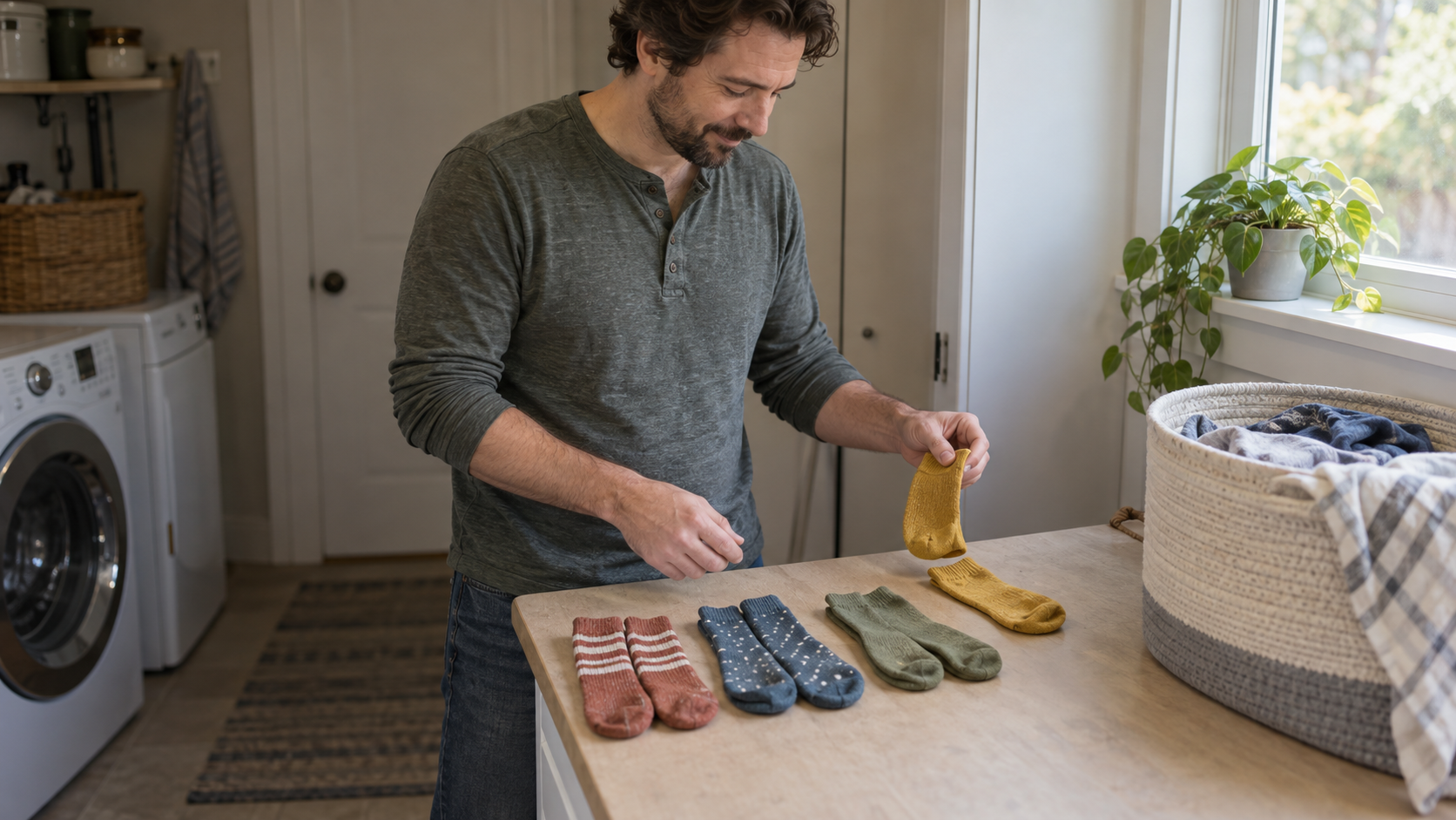 A man matches the last mustard sock beside three completed pairs on a laundry counter