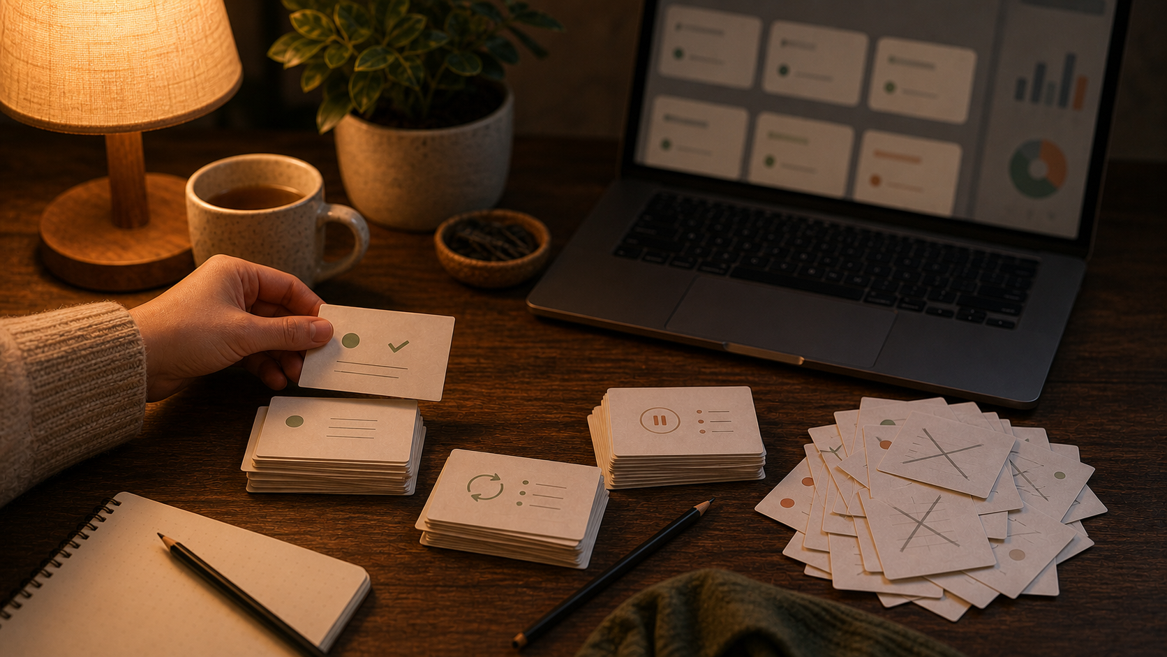 Warm desk scene with a hand sorting flashcards into keep, rewrite, suspend, and discard piles