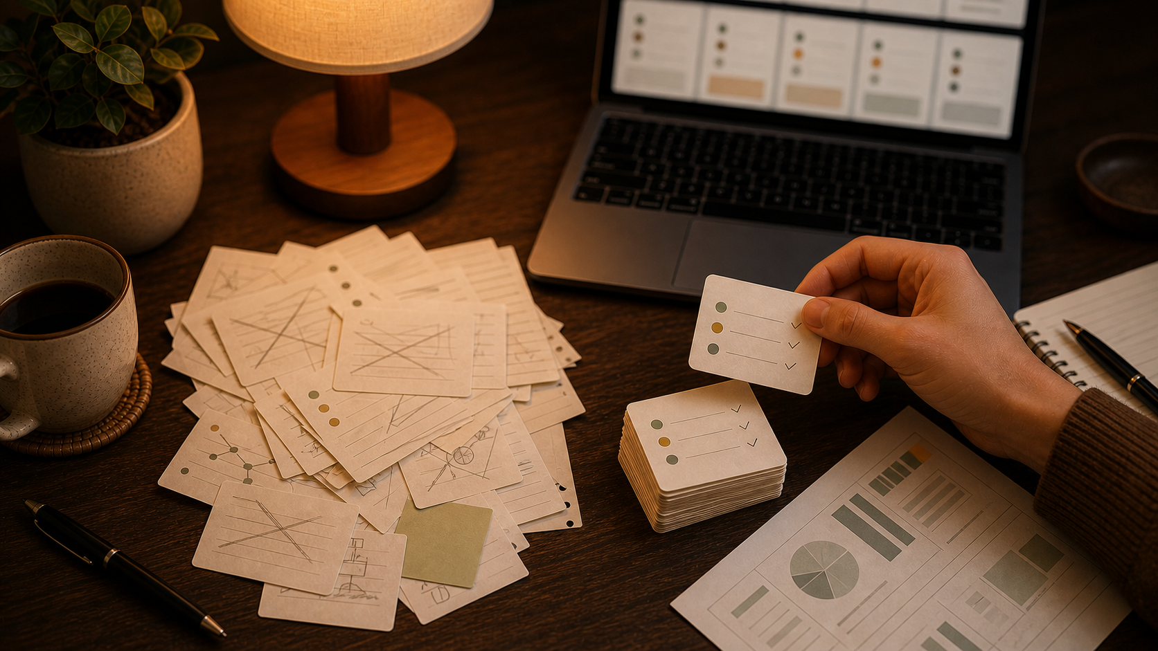 Warm reading desk with a closed source, scratch recall notes, and a small flashcard stack