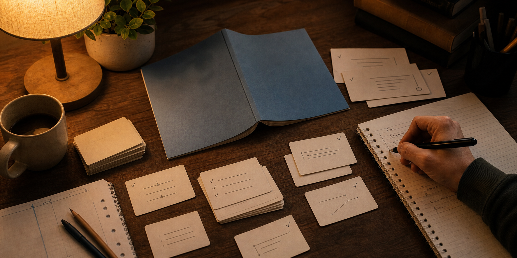 Warm study desk with a blue book, essay-planning flashcards, and outline notes