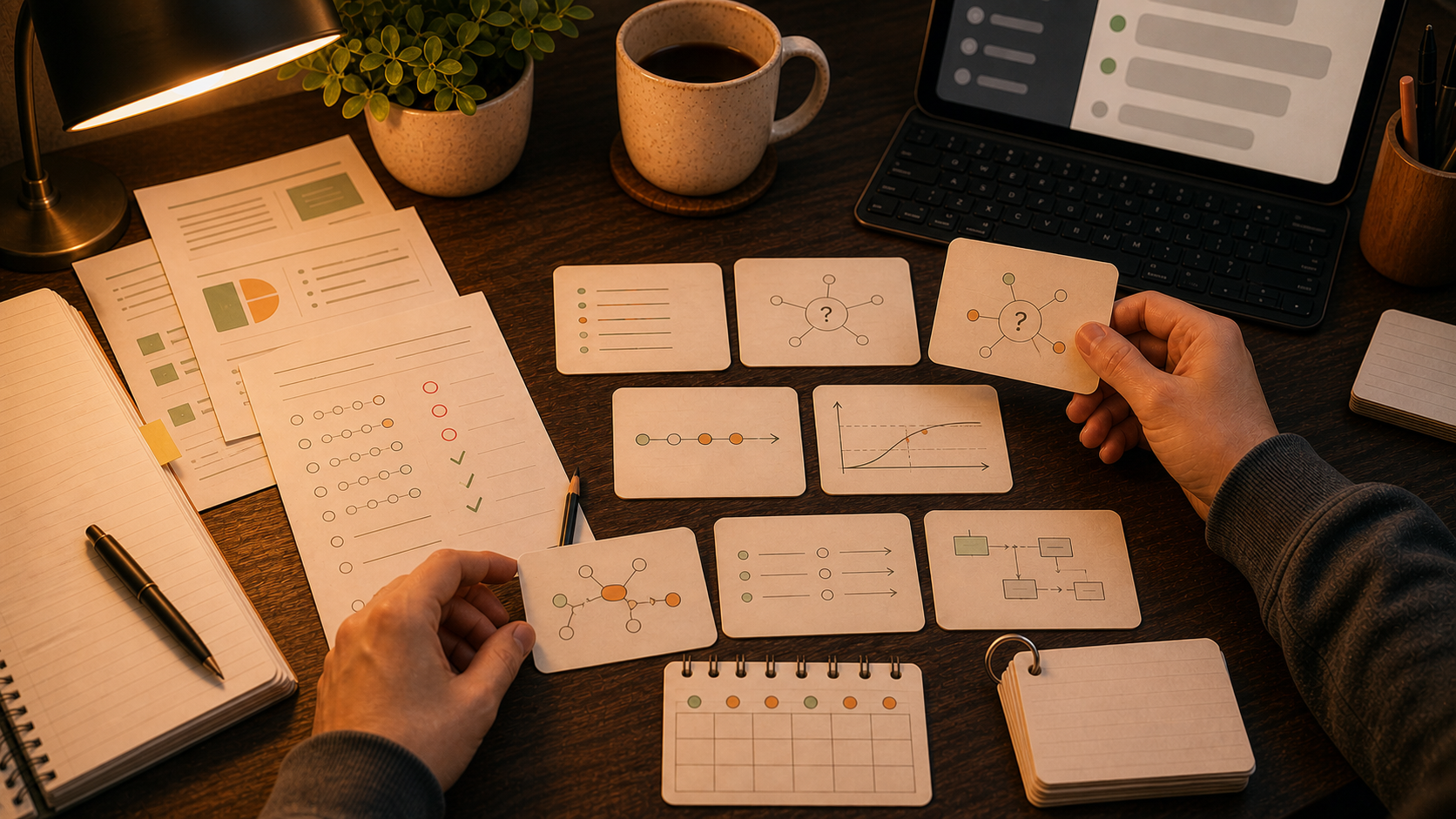 College student sorting lecture notes, slides, AI study chat, and missed practice questions into one finals flashcard plan