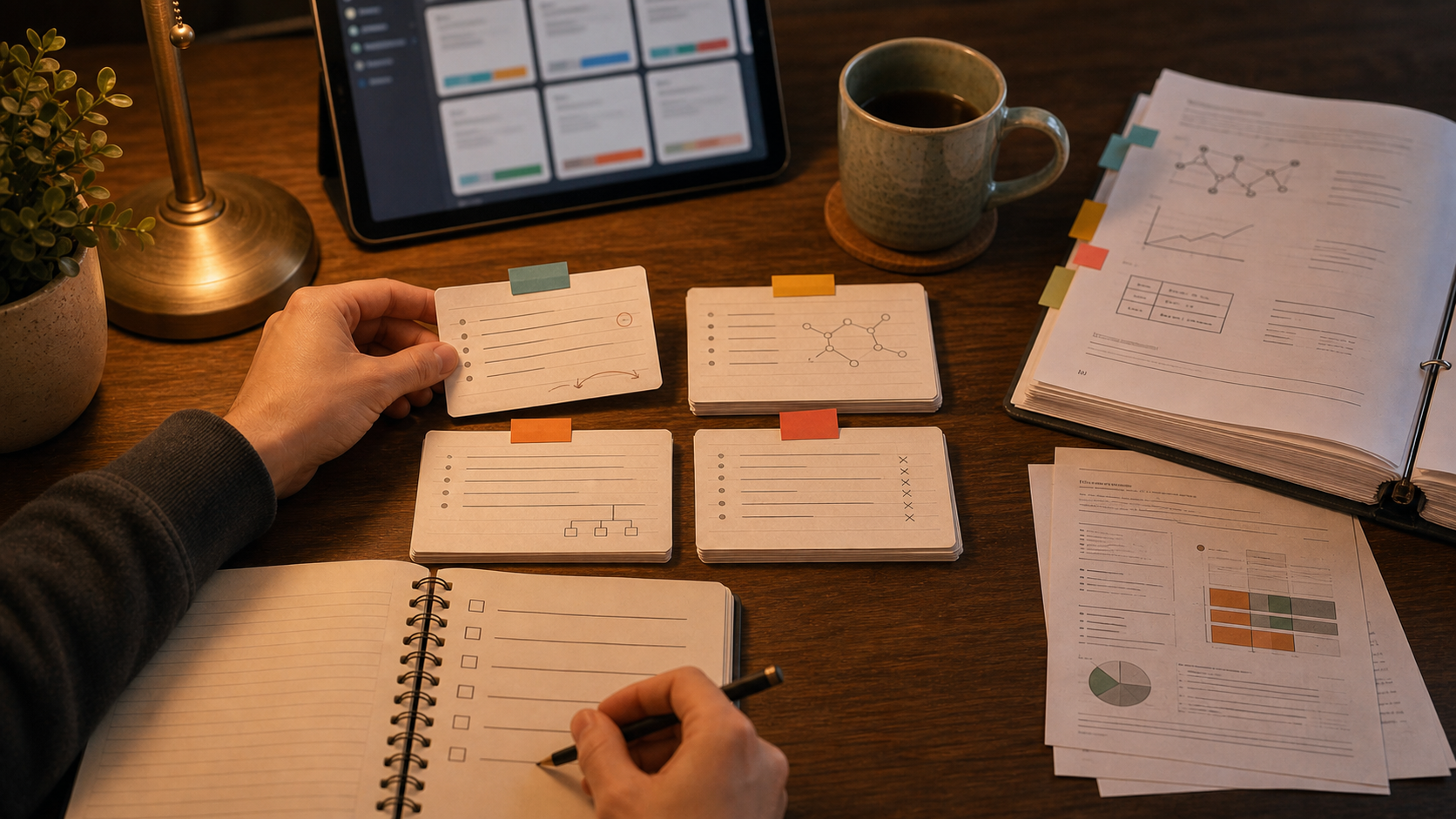 Warm lamplit desk with flashcards, open-book exam notes, page tabs, and a tablet review screen