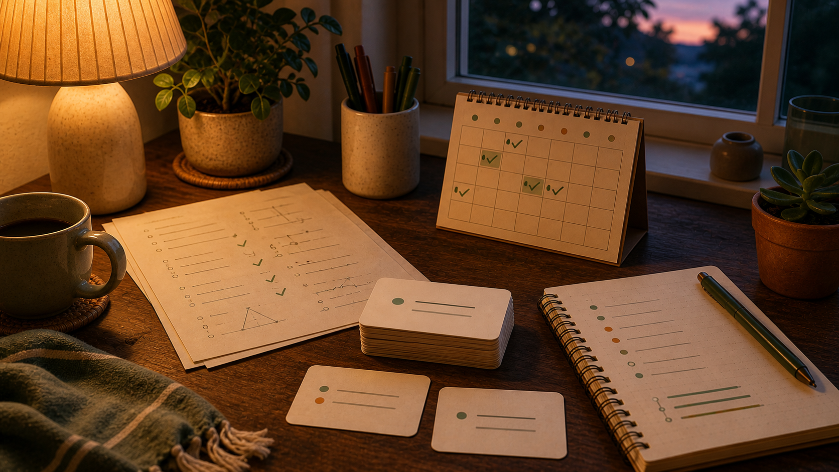 Warm summer study desk with a small flashcard deck, calendar, notes, and lamp light