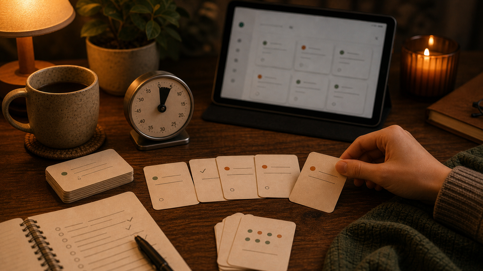 Flashcards beside a timer and tablet during a short study session