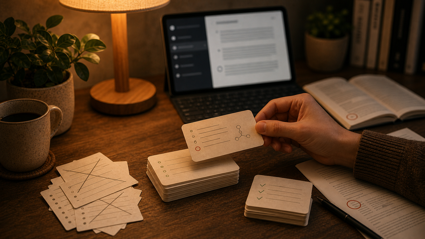 Warm desk with an AI summary, open source page, and verified flashcards