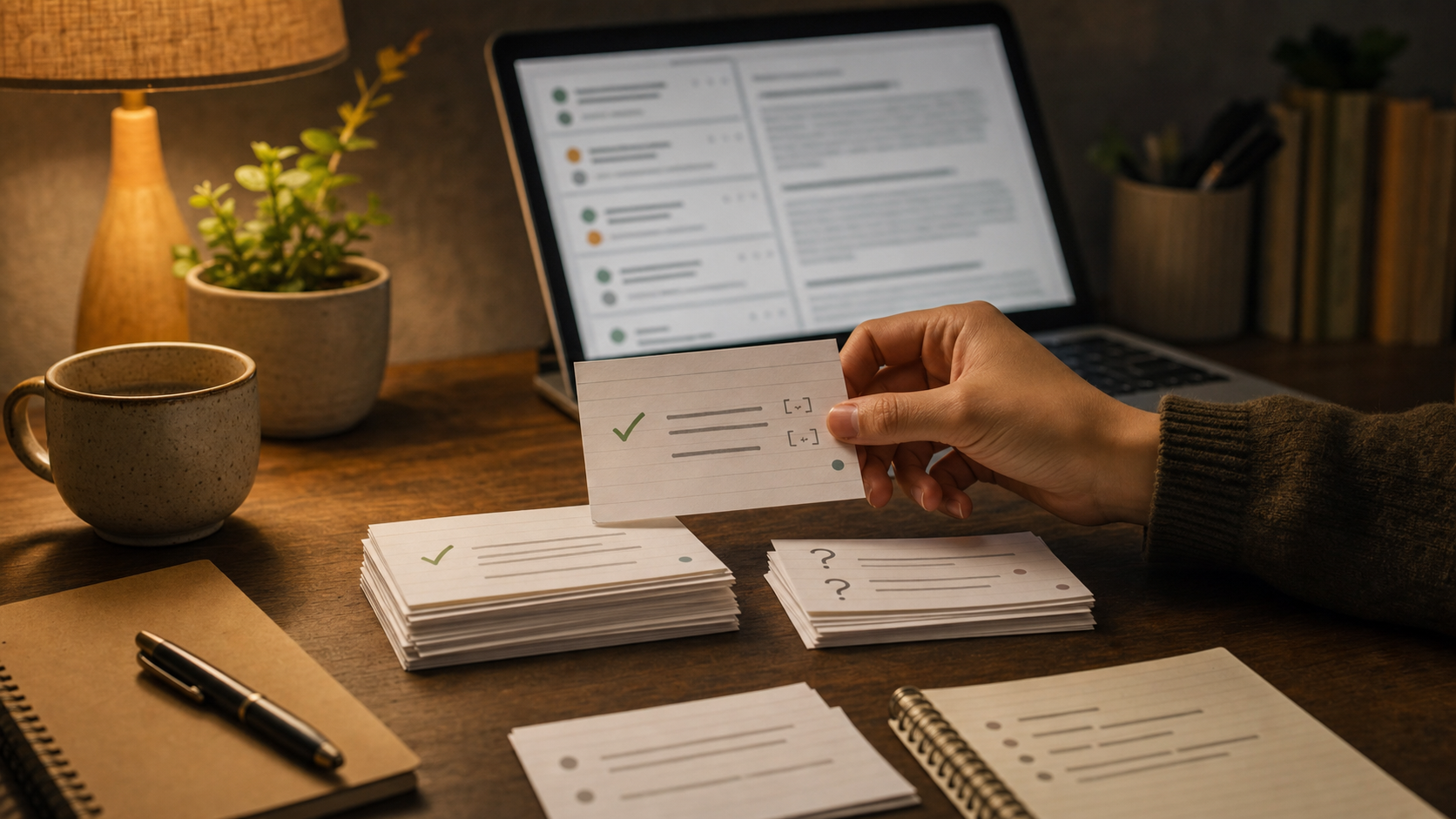 Warm desk scene with a person sorting verified Deep Research notes into flashcards