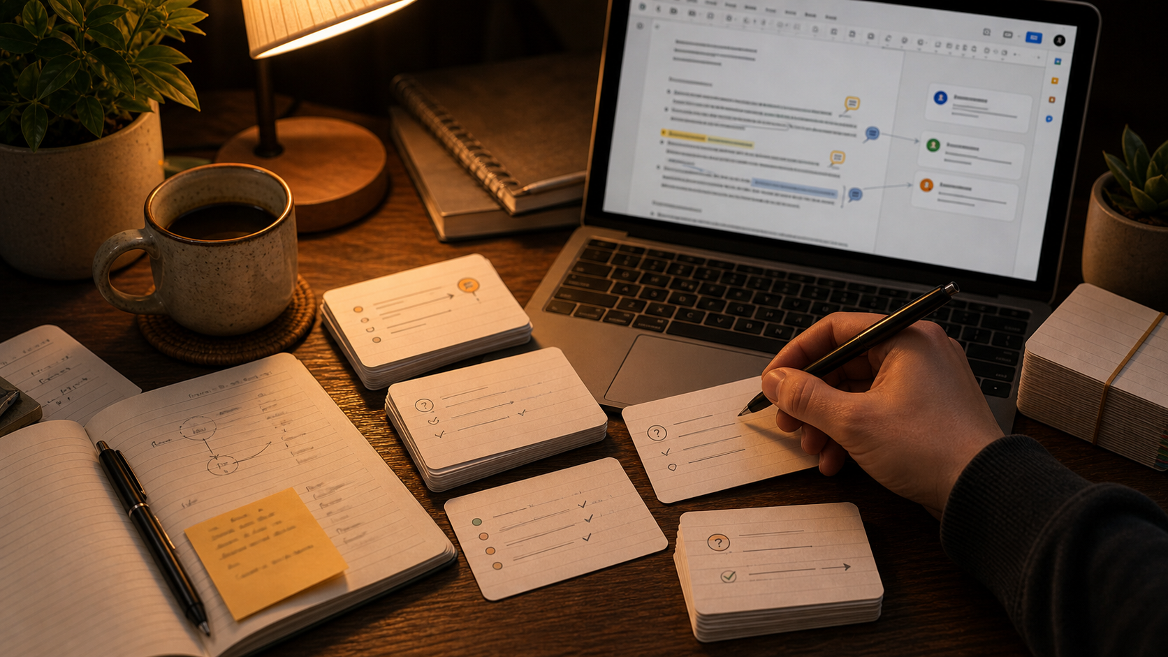 Google Docs notes becoming flashcards on a warm desk
