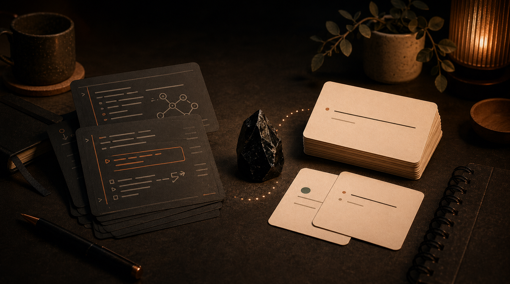 Dark markdown notes transforming through an obsidian crystal into flashcards with spaced repetition cues