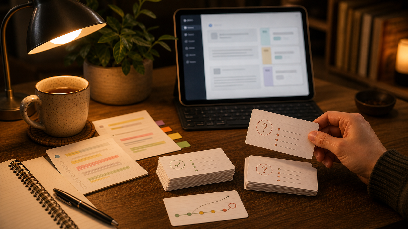 Warm desk setup showing guided study notes and flashcards sorted by weak spots