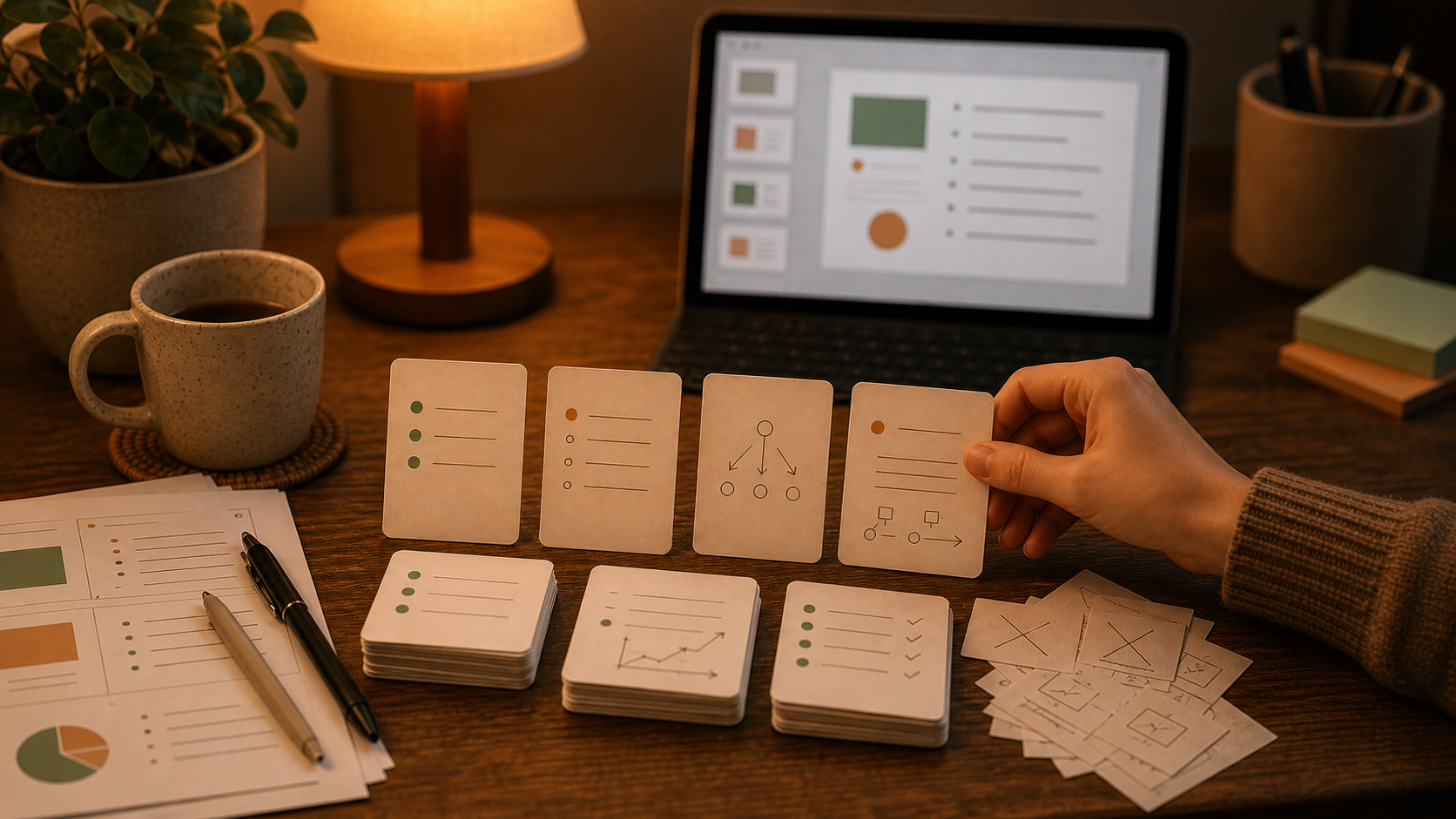 Slide handouts and flashcards on a warm desk while turning PowerPoint notes into study cards