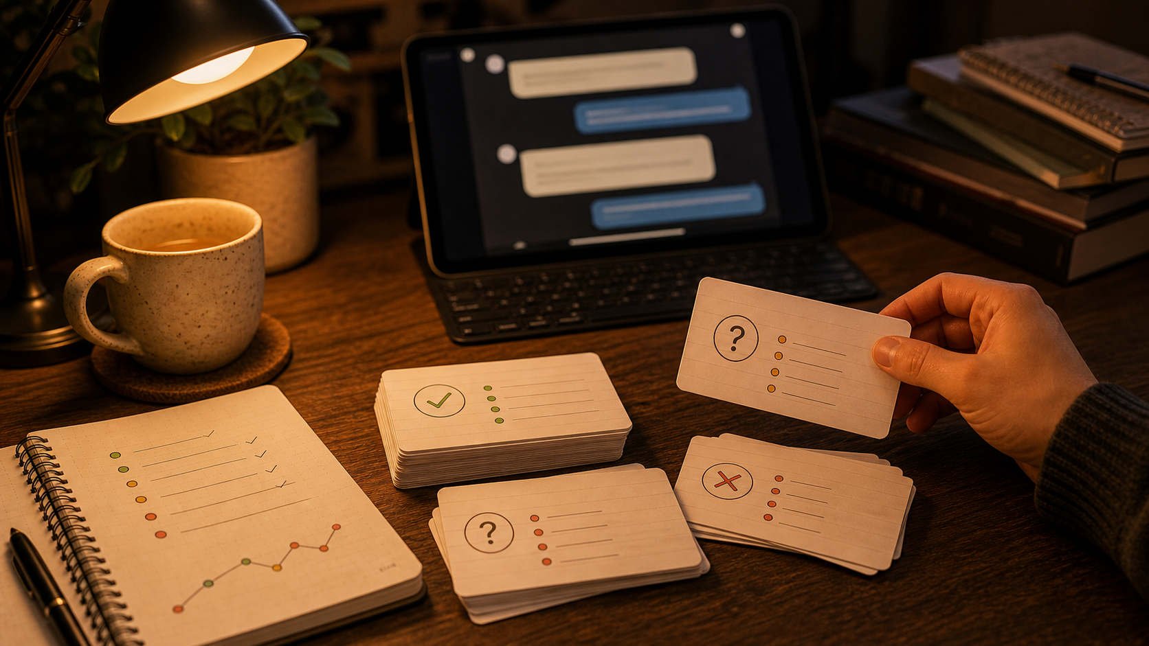Warm desk scene showing AI active recall with flashcards and a study notebook