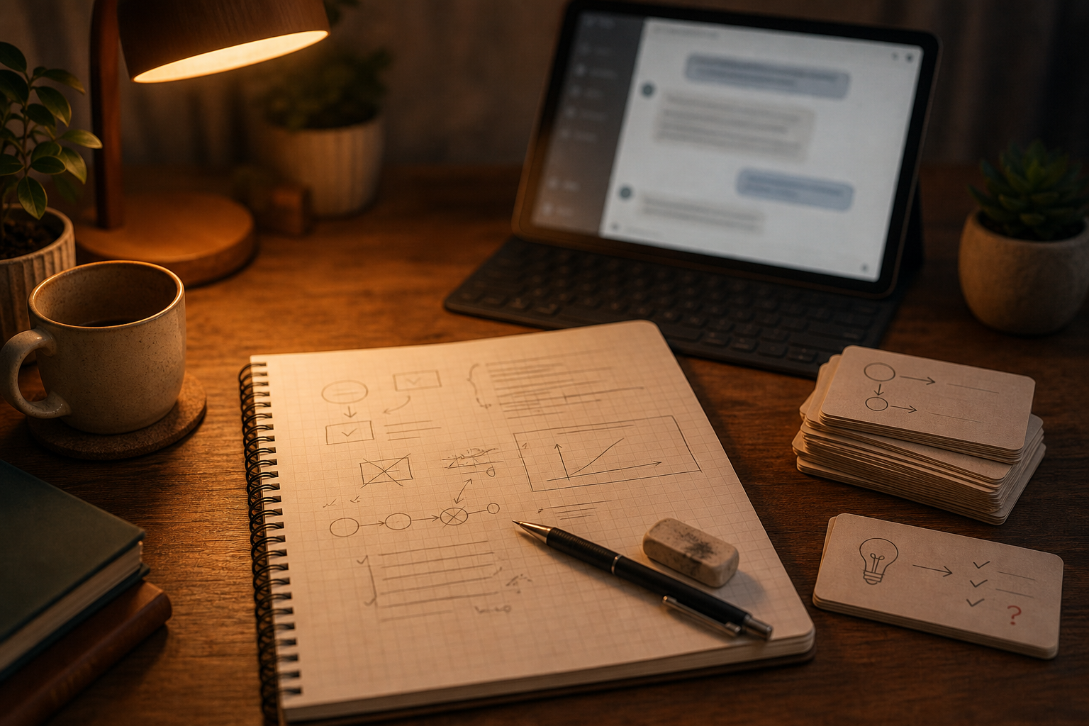 Warm homework desk with a blurred AI tutor on screen, handwritten work, and flashcards for mistakes to review